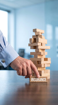Person touching precarious wooden blocks stack labeled insurance on desk