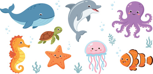 Obraz premium Cute Sea Life Animal Vector Character Set Featuring Whale Dolphin Octopus Seahorse Turtle Starfish and Jellyfish for Under The Water Graphic Designs