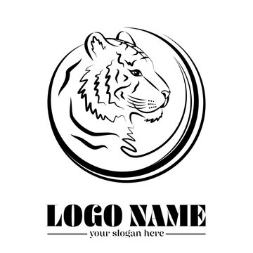 Silhouette au contour filaire noir d&rsquo;un tigre de profil stylis&eacute; en rond afin d&rsquo;&ecirc;tre utilis&eacute; en logo - animal correspondant &agrave; 1 des 12 signes du nouvel an chinois.