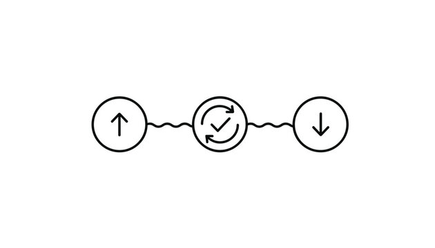 Process progress indicator showing up arrow, sync checkmark, and down arrow, representing system synchronization.