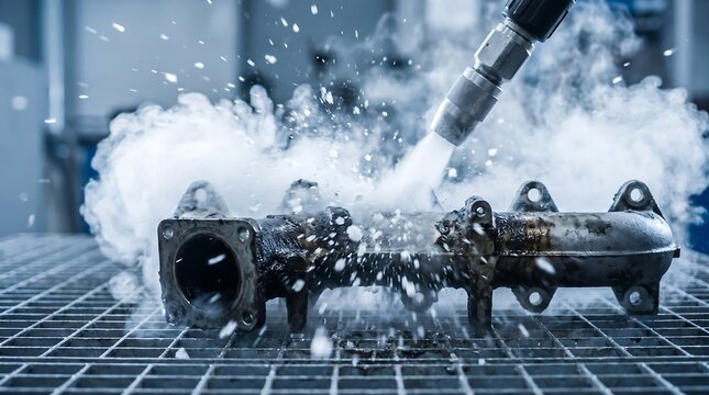 Dry Ice Blasting Cleaning Engine Part in Workshop, Industrial Cleaning Process with Steam and Debris, Mechanical Component Cleaning on Metal Grate, Automotive Repair Maintenance Service