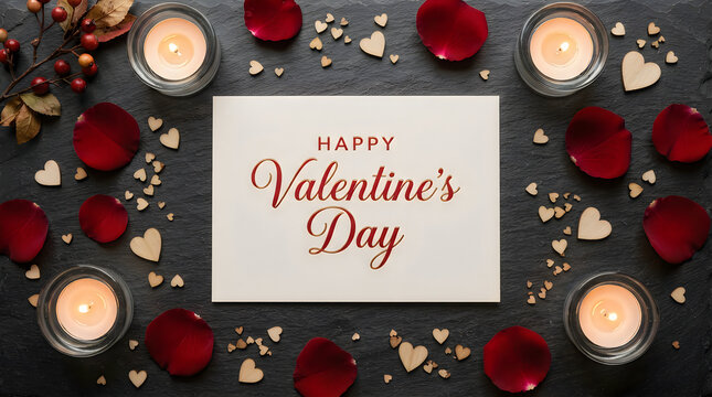 Happy valentines day greeting card with red rose petals and burning candles on a dark background