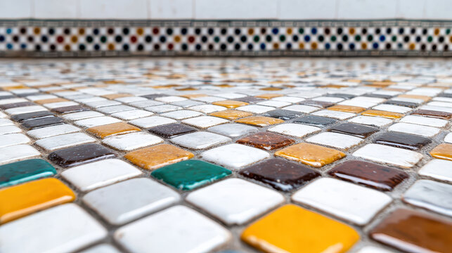 Vibrant and colorful mosaic tiles create stunning pattern on floor, showcasing mix of white, yellow, green, and brown shades