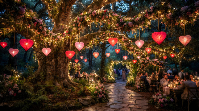Large tree decorated with glowing red heart lanterns and golden lights in a dark night garden park