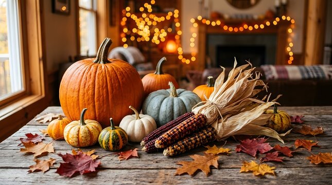 A warm and inviting thanksgiving still life pumpkins cornucopias and autumnal decor create a festive and cozy holiday atmosphere