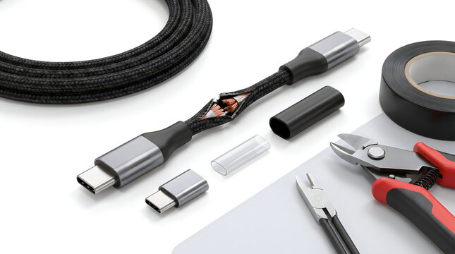 Damaged USB-C charging cable with exposed copper wires, broken braided power cord repair kit, electronic maintenance tools on white background