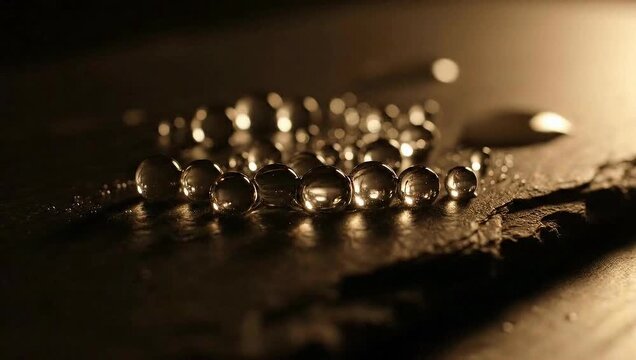 Water droplets shining on dark textured surface with warm background lighting and reflection