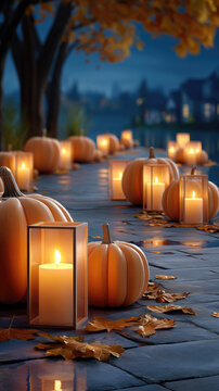 St. Martin's day celebration features numerous pumpkins and illuminated candles lining a stone path, capturing the essence of fall festivities with soft light and scattered autumn leaves