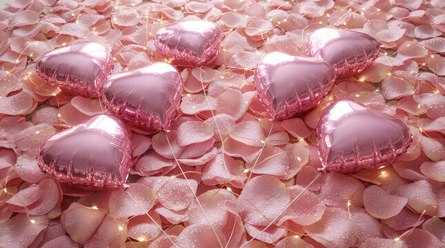 Many shiny pink heart shaped balloons floating together in a romantic and festive celebration scene