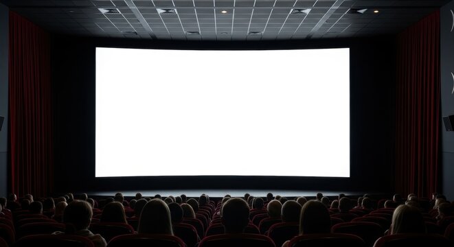 crowded dark movie theater with audience sitting in red seats facing large blank white cinema screen