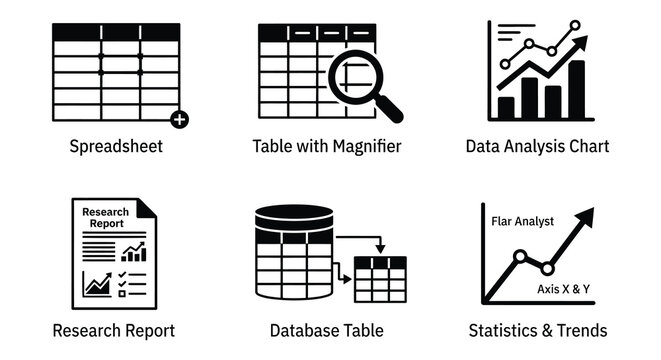 Collection of flat vector icons representing data analysis and reporting