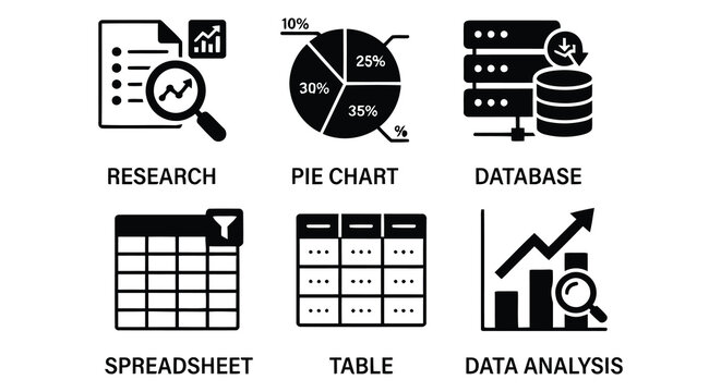 Collection of flat vector icons representing data analysis and reporting