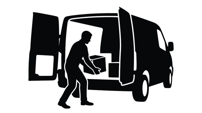 A delivery man loading cardboard boxes into the back of a cargo van graphic silhouette