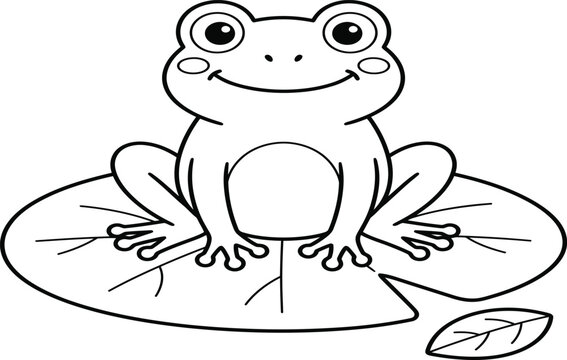 Cartoon frog sitting on lily pad in minimalist flat design style with clean white background.
