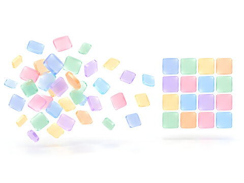 Pastel candy cubes in organized grid and scattered explosion, colorful glass blocks on white background, translucent jelly square sweets