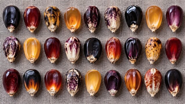 Scientific Taxonomy Display of Multi-Colored Glass Gem Corn Kernels