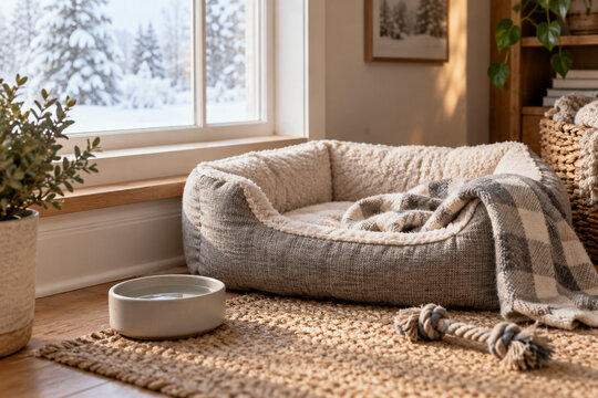 Cozy pet bed prepared for cold winter weather