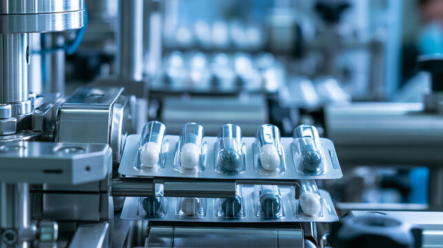 Automated blister packing machine packaging pills in a modern pharmaceutical factory. Ideal for healthcare manufacturing and medical supply concepts.