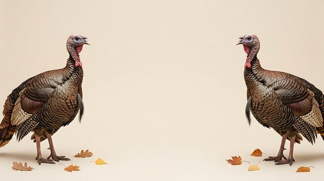 Two live turkeys standing facing each other on a neutral beige background for thanksgiving holiday celebration
