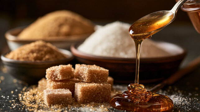 Golden honey pouring from a spoon with brown sugar cubes and bowls in a warm rustic kitchen setting. Perfect for culinary and sweetener concepts.