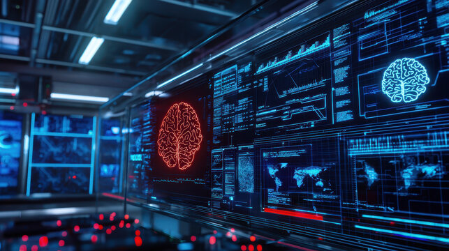Futuristic digital interface displaying brain graphics and data analytics in high tech environment, showcasing advanced technology and innovation
