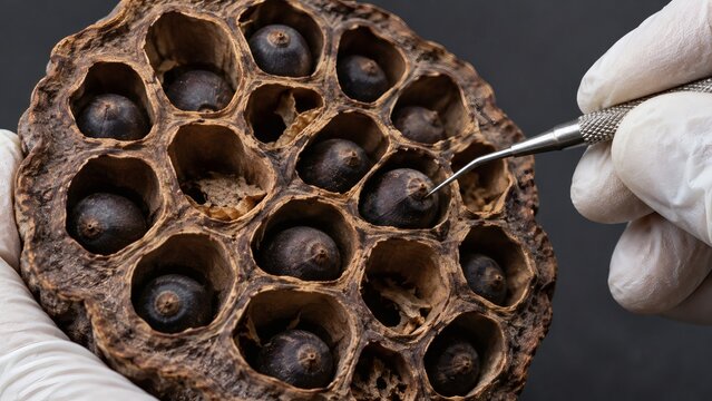 Hand with Micro Dissecting Needle Probing Open Lotus Seed Pod