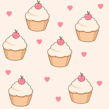 Cute cherry cupcake seamless pattern with hearts