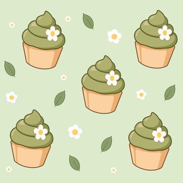 Kawaii matcha cupcake with flowers seamless pattern