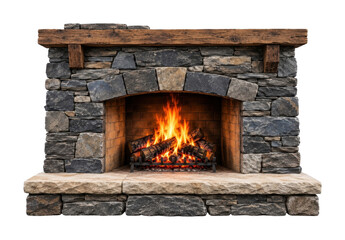 Obraz premium PNG Rustic stone fireplace with glowing fire and wooden mantel