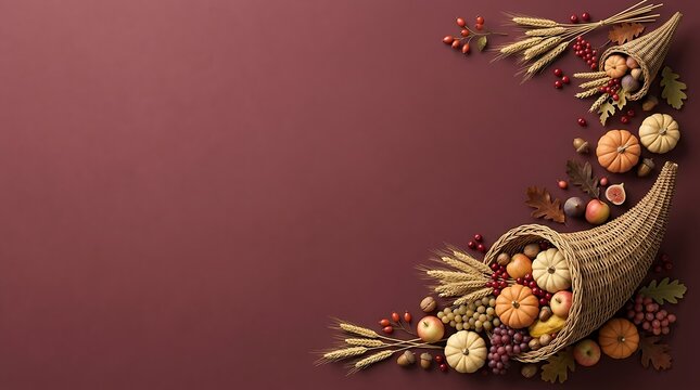 Thanksgiving cornucopia filled with autumn harvest vegetables fruits and grains on a dark rustic maroon background