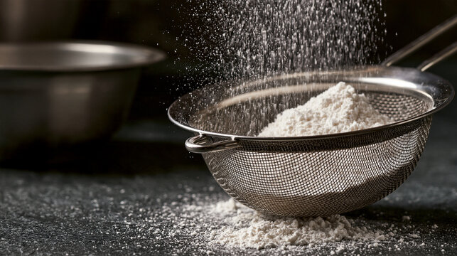 White flour is being sifted through a metal sieve in a dark kitchen with dramatic lighting. Perfect for culinary arts and baking recipe promotions.