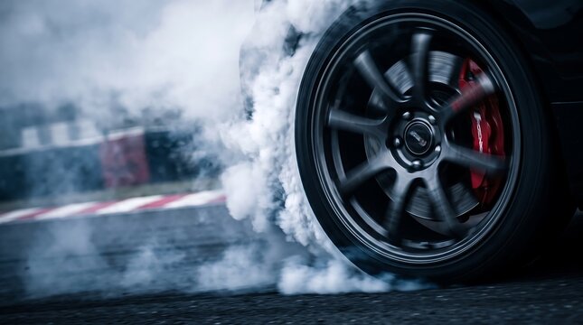 Sports car tire drifting on race circuit generating dense smoke at night with drift racing burning rubber track day car wheel brake calipers asphalt road high speed
