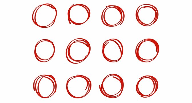 Hand drawn red line brush oval set.hand draw line brush pencil oval red Color doodle marker chalk pen . round circle underline frame check sign bubble texture background vector illustration.