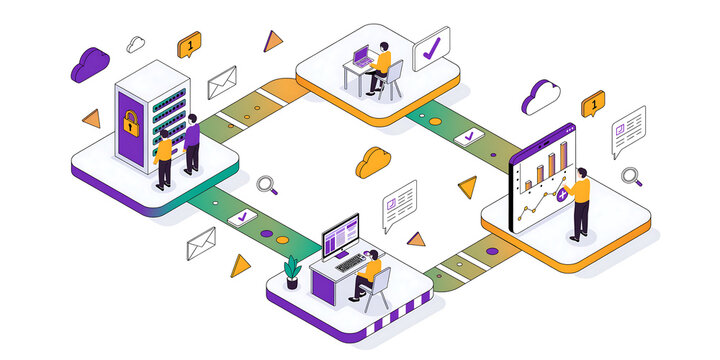 An isometric illustration depicting team collaboration, data management, and digital workflow steps.