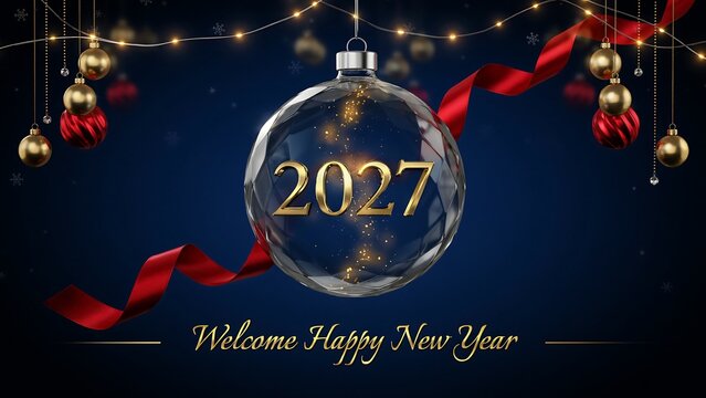 Elegant new year celebration with a crystal ball and red ribbon decor