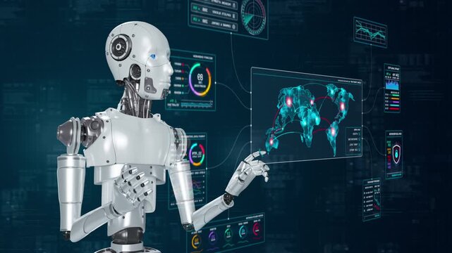 Motion graphic of a humanoid artificial intelligence robot interacting with a futuristic cybersecurity holographic screen displaying global network data.