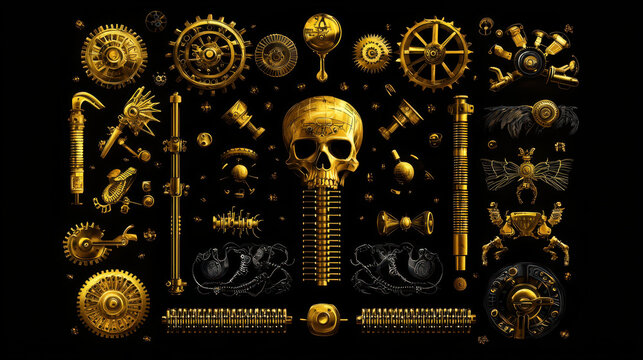 Steampunk design featuring golden gears, skull, and mechanical elements creates captivating and intricate visual