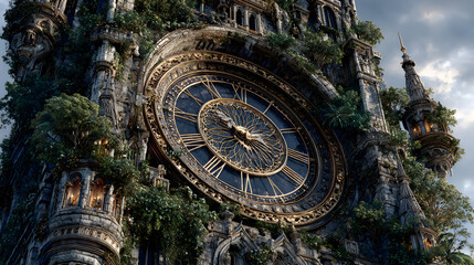 Obraz premium Dark fantasy fortress tower massive clock structure wallpapers