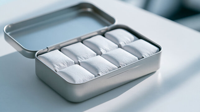 Wrapped chewing gum pieces neatly arranged inside an open metal tin box on a white table. Great image for product packaging and freshness concepts.