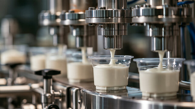 Industrial yogurt filling machine dispensing creamy dairy product into plastic cups on a stainless steel conveyor belt. Perfect for food processing industry presentations.