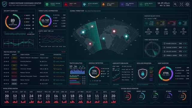 Motion graphic of a futuristic cybersecurity dashboard displaying a global threat map, network security metrics, and command center analytics for data protection.