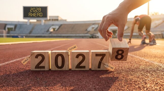 Year 2028 concept with wooden blocks on running track, hand changing 2027 to 2028, athlete at starting line in stadium at sunset