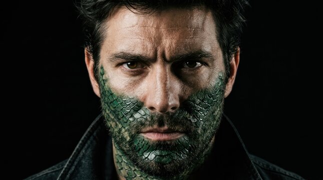 Intense bearded man with cracked skin texture in dramatic moody light