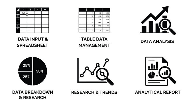 Collection of flat vector icons representing data analysis and reporting