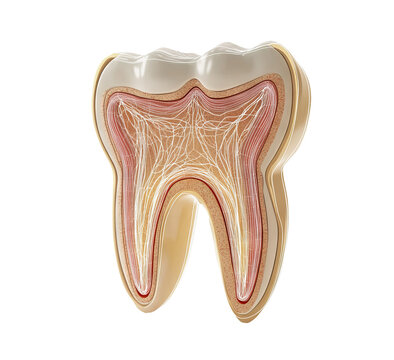 Cross section of a human molar tooth showing enamel dentin pulp and nerves isolated on transparent background