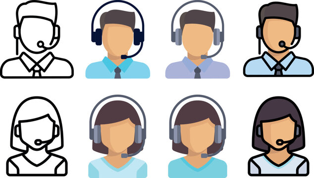 Customer service support agent avatar collection featuring diverse male and female call center representatives wearing headsets, professional communication and help desk service vector illustration