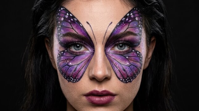 Close up portrait of face painted butterfly wings with dramatic makeup