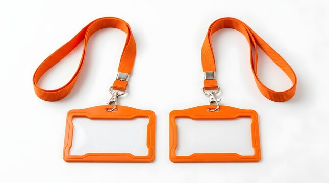 Two orange identity card holders with matching lanyards for business events or office staff identification isolated on a clean white background