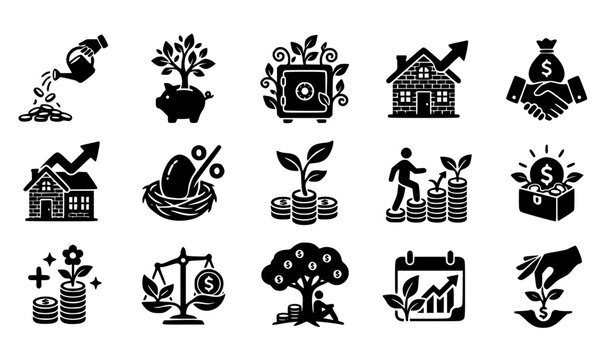 Personal wealth and micro investing glyph icons set with organic financial growth concepts vector