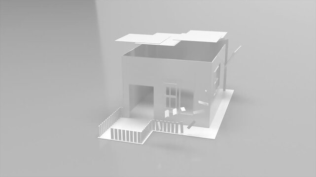 Modern minimalist white house construction animation, piece by piece assembly on grey background.